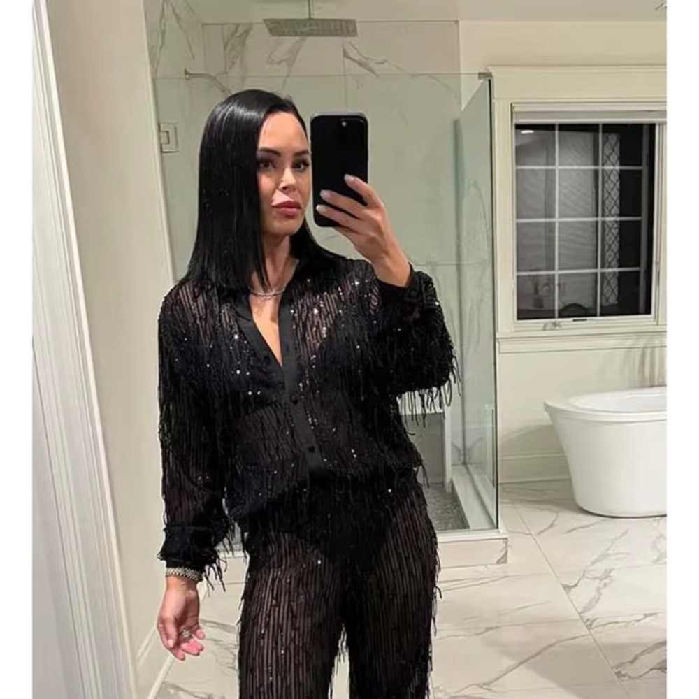 Zara Black Sequin Fringe Blouse Sheer Button Up Top Sz S Cocktail Going Out